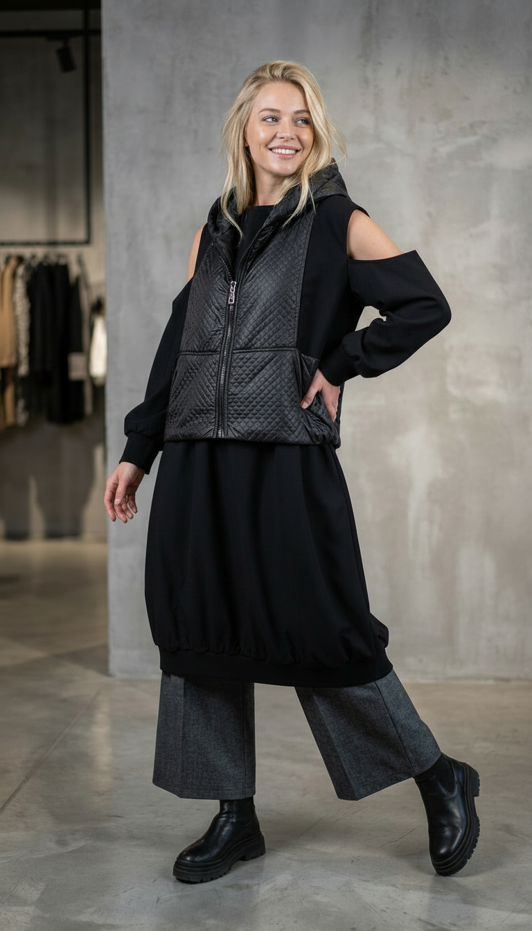 Urban layering: vestă matlasată și hanorac lung supradimensionat cu umeri decupați