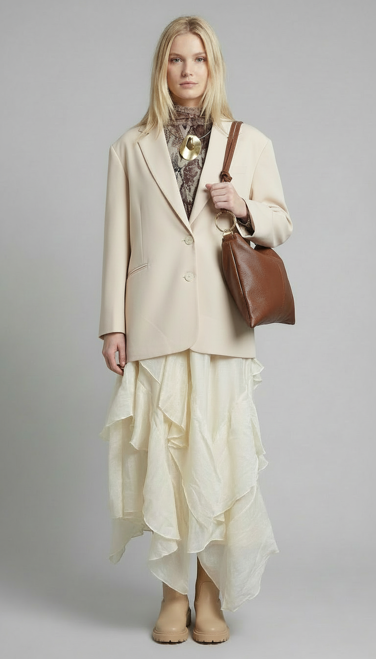 Contrast sofisticat: sacou bej oversized cu rever satinat